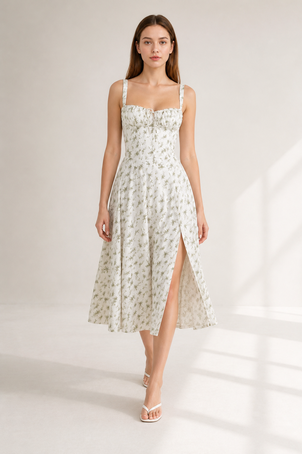 Midi Dress with Spaghetti Straps, Slit, and Floral Print Costume Dresses detail 2