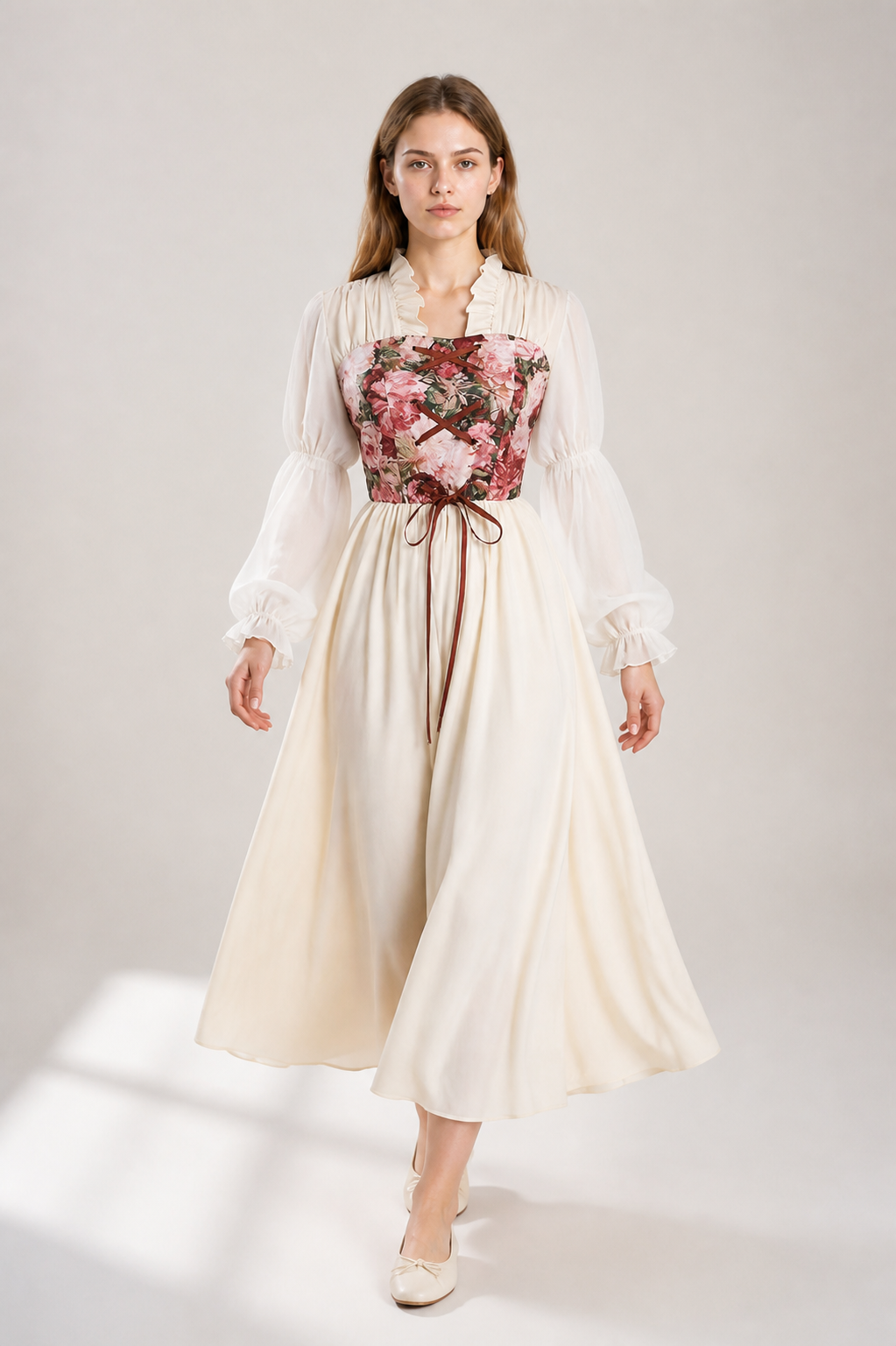 Dress with a Corset Bodice and Puff Sleeves