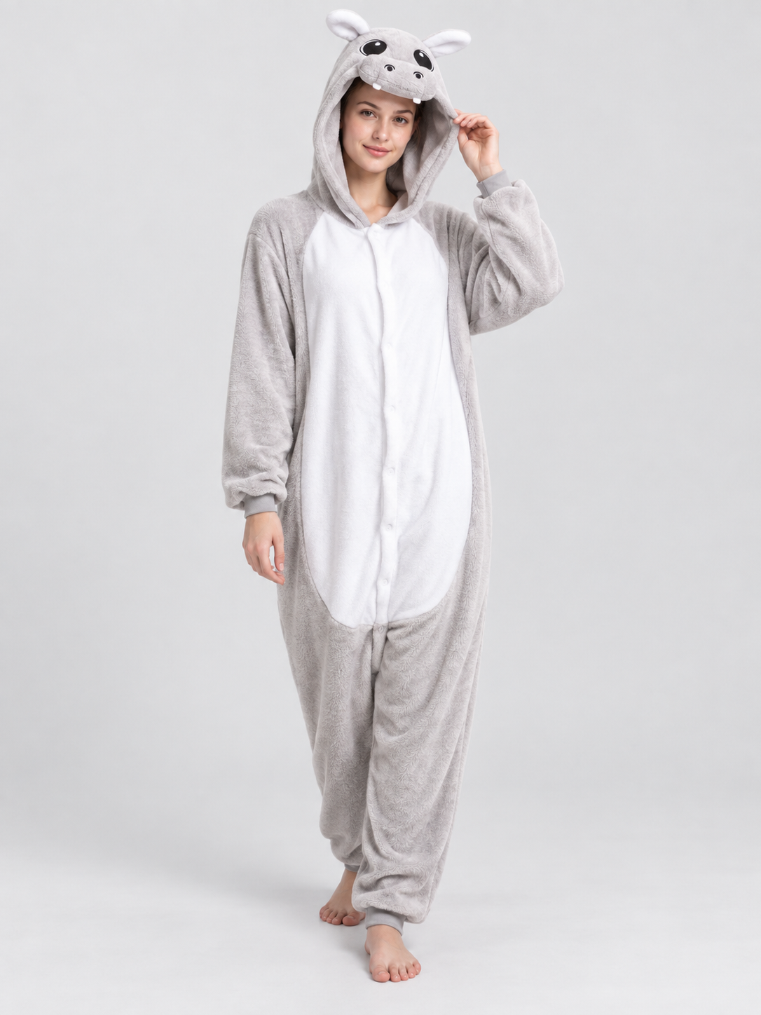 Hooded Pajama Jumpsuit with Animal Face, Light Gray