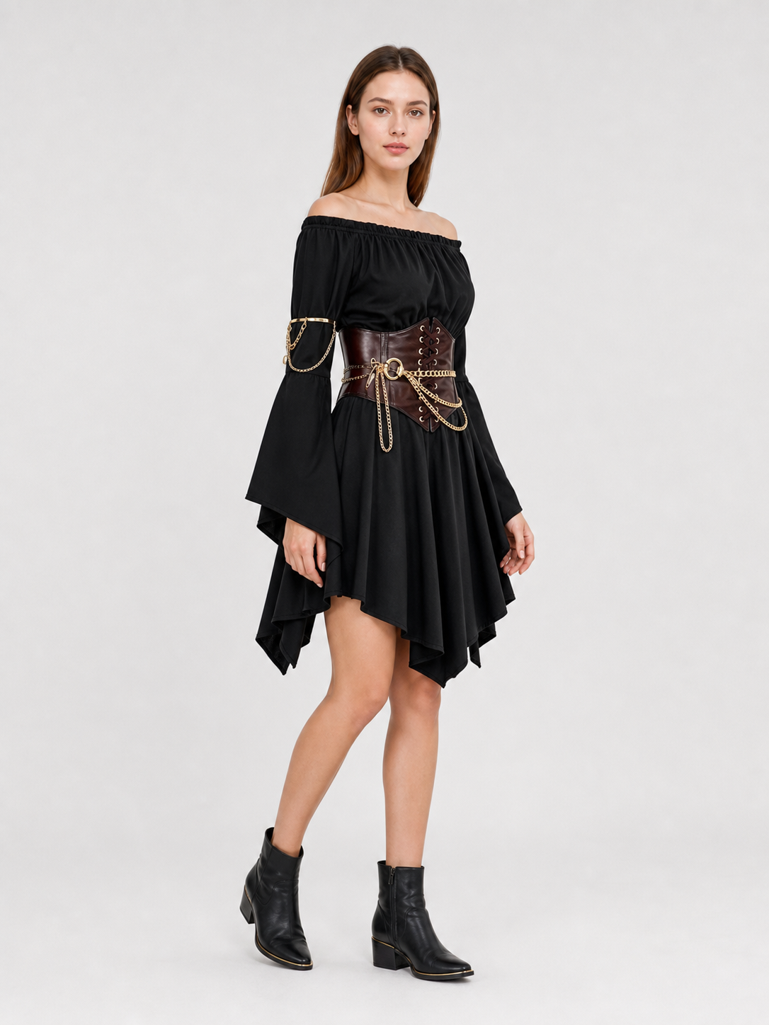 Dress with Belt, Flared Sleeves, and Asymmetrical Hem