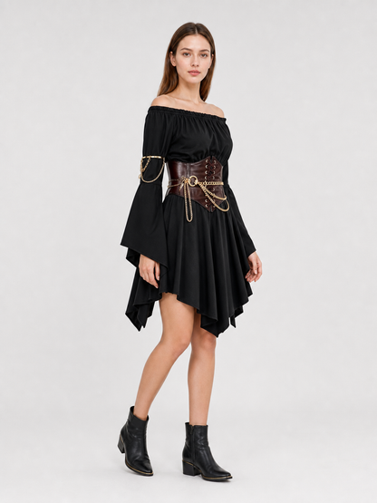 Dress with Belt, Flared Sleeves, and Asymmetrical Hem