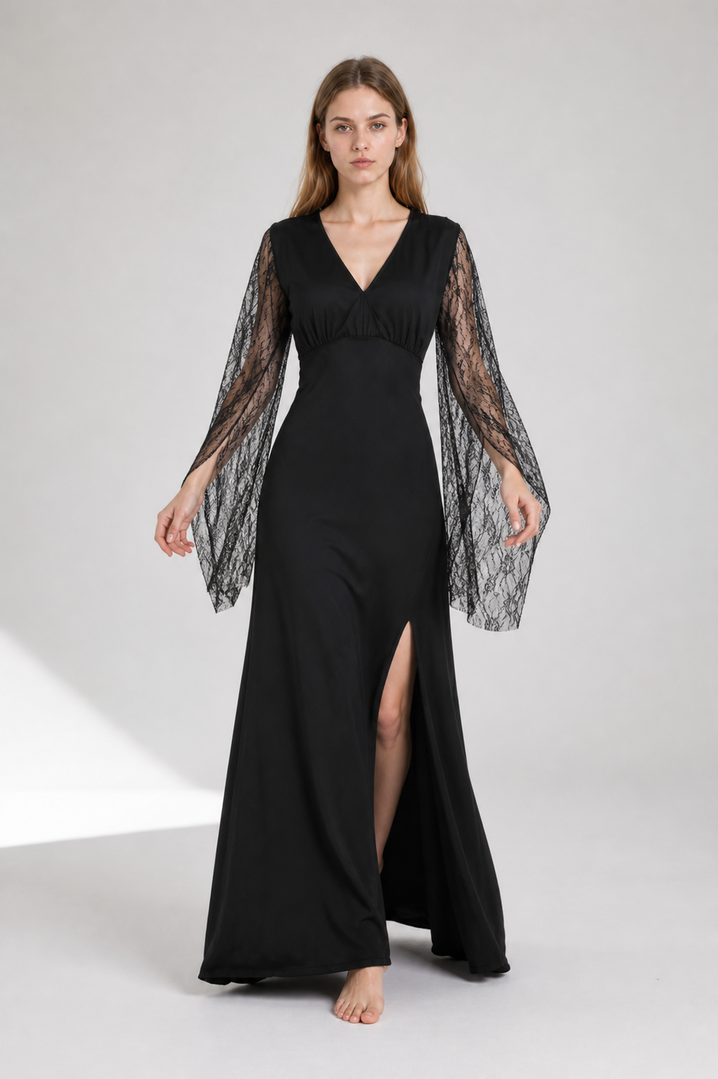 Black Dress with a V-Neck and Lace Sleeves Costume Dresses detail 2