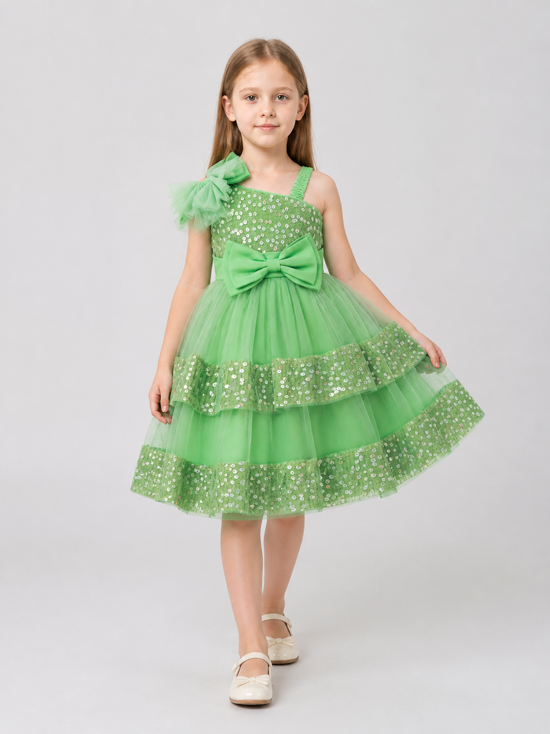 Girls’ Green Sequin Princess Dress with Bows
