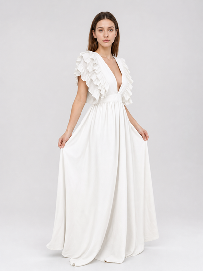 White Floor-Length Dress with a V-Neckline and Ruffled Sleeves