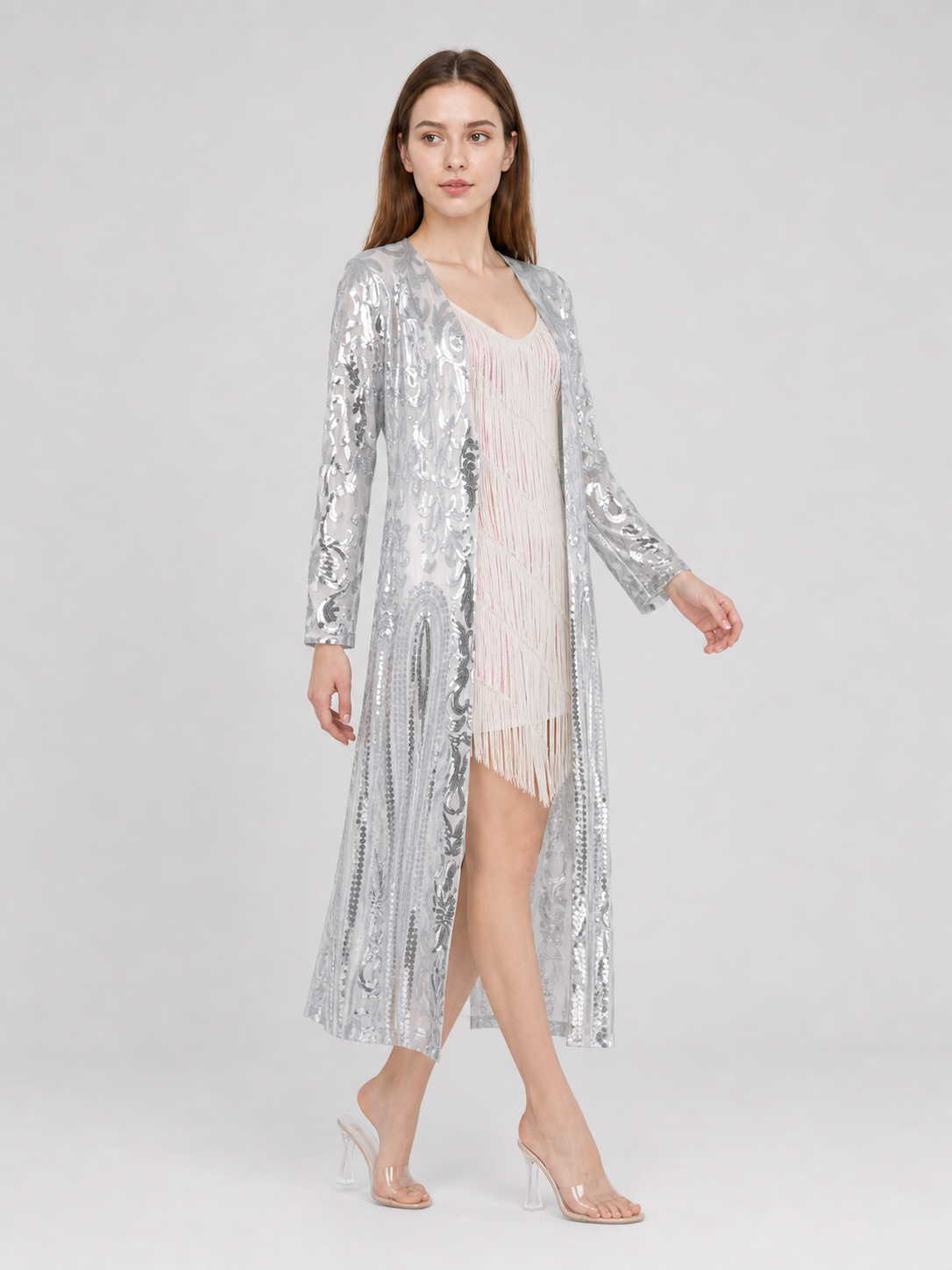 Sequin and Fringe Cardigan with Stand Collar