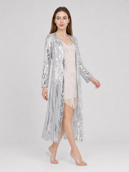 Sequin and Fringe Cardigan with Stand Collar
