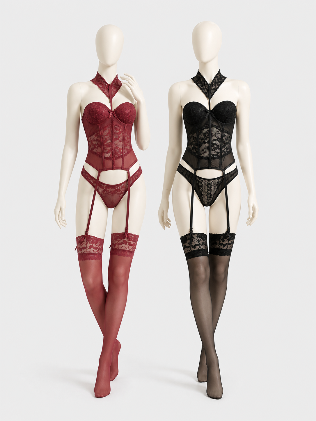 Lace Corset Outfit with Garters (Burgundy, Black) Costumes detail 2