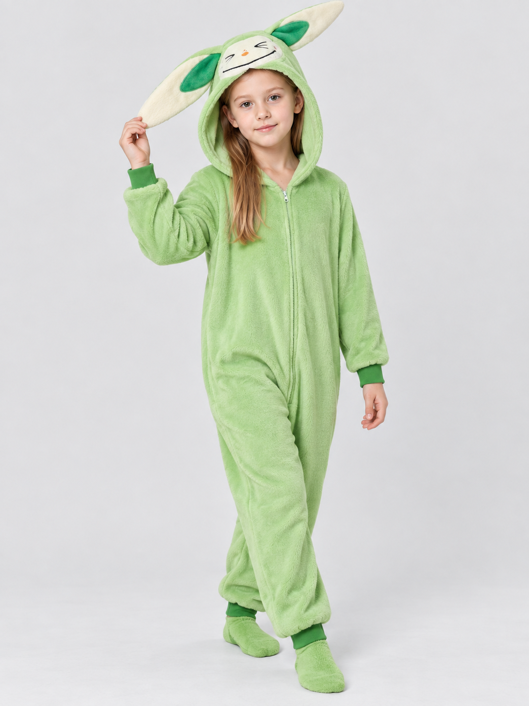 Kids' Bunny Ear Hooded Pajama Jumpsuit with Appliqué