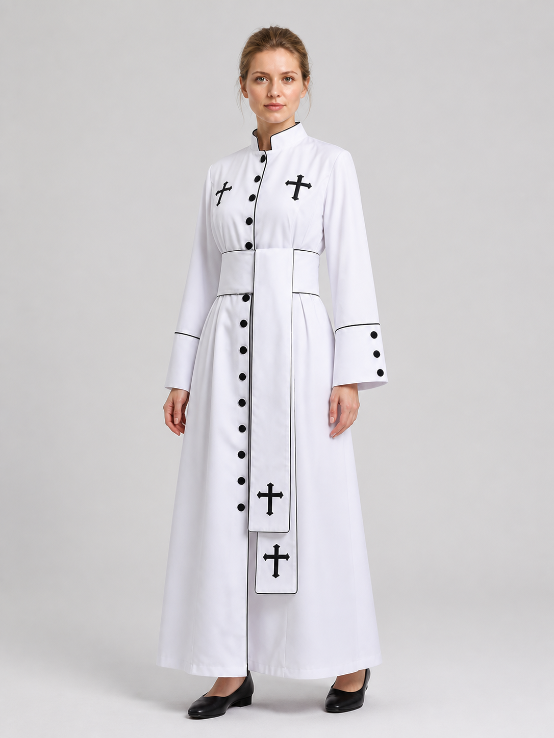 White Priest's Cassock with Black Crosses for Carnival Costumes detail
