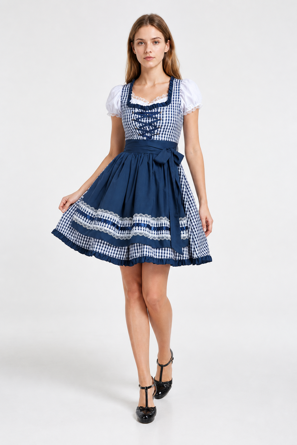 Blue-and-White Checkered Dress with Bow and Lace Apron