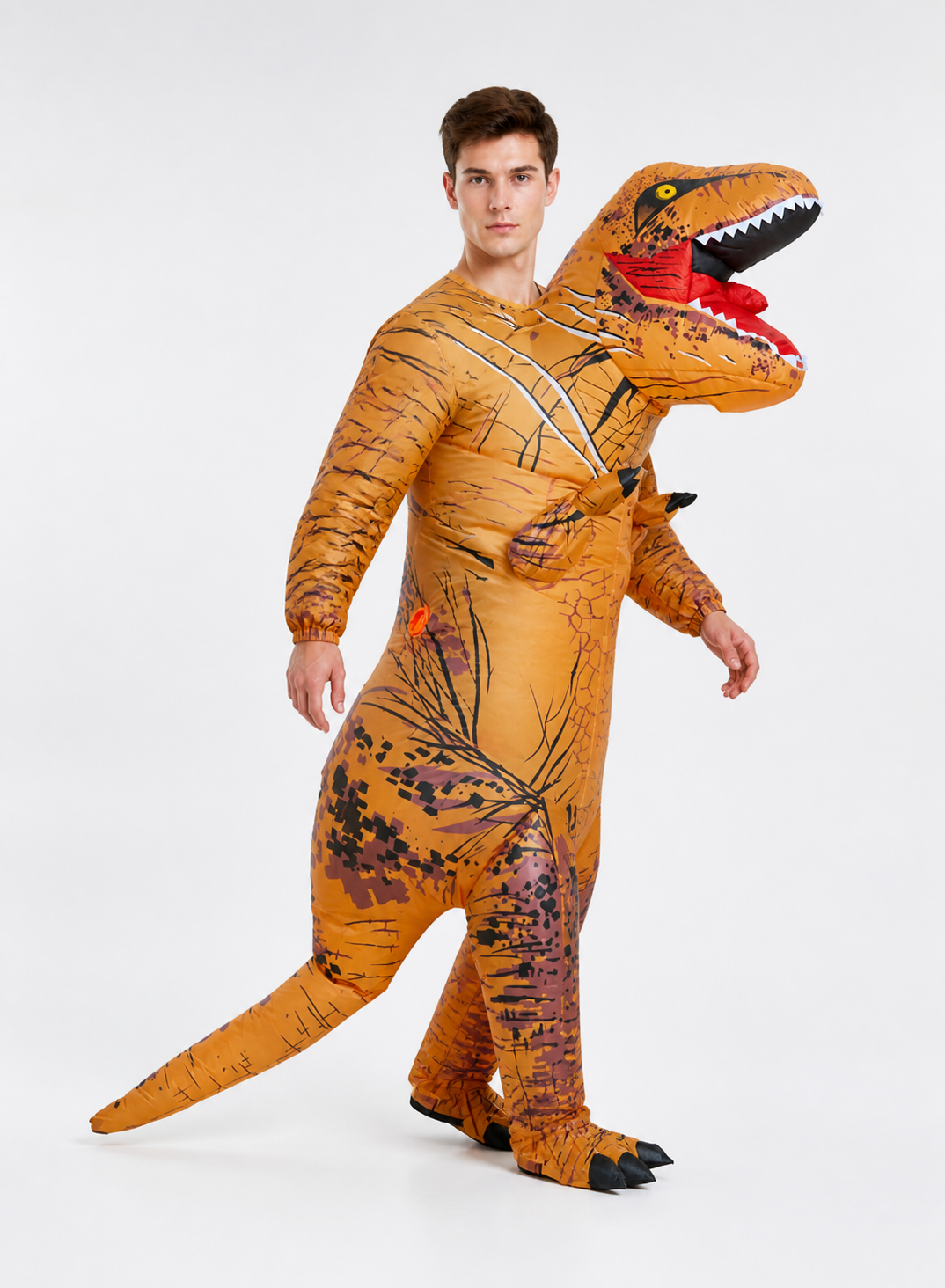 Brown Tyrannosaurus Costume with Open Mouth on-model alternate view