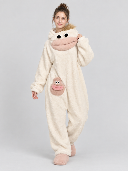 Pajama jumpsuit with a bulky hood and a cartoon face