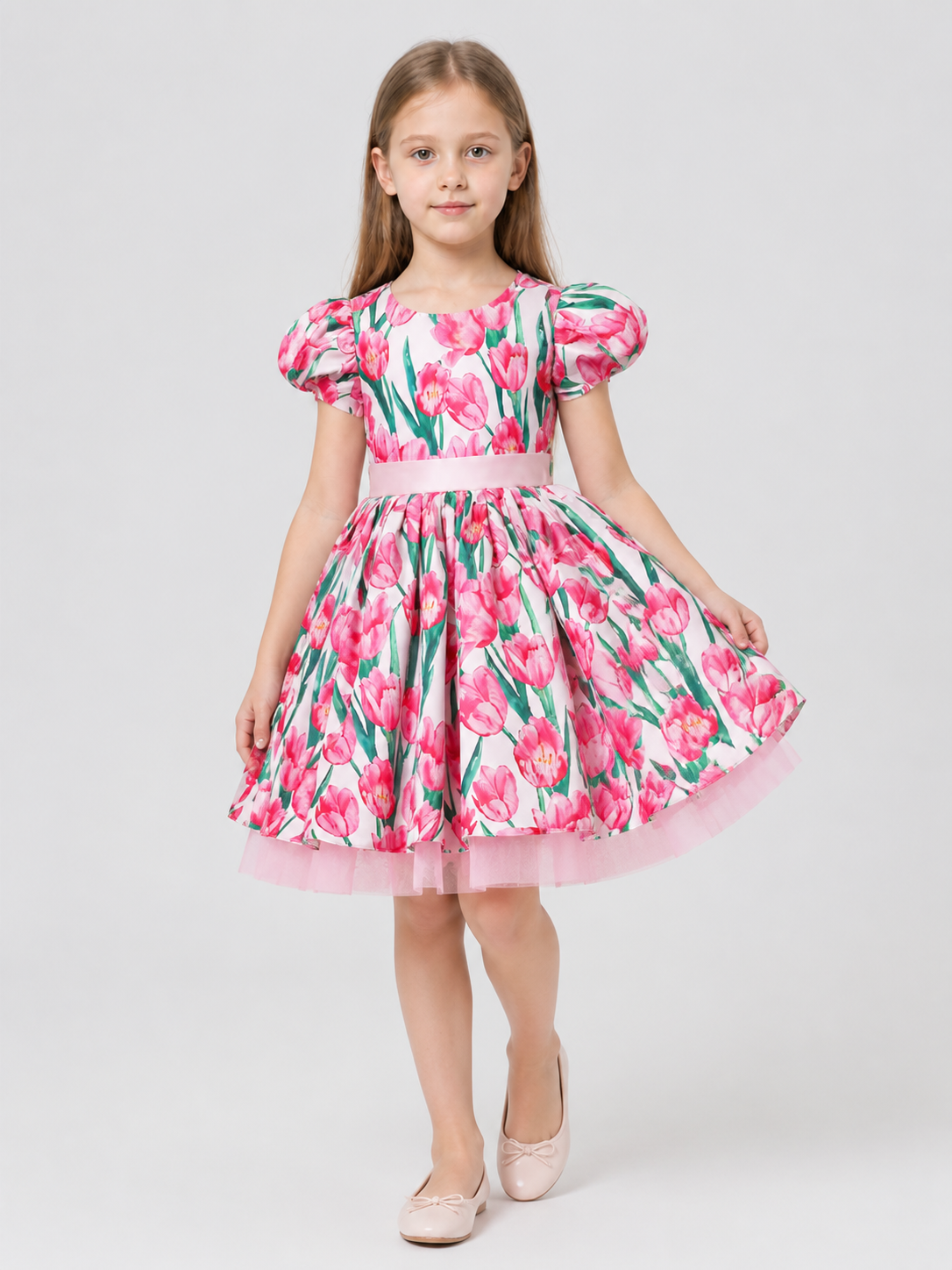Girls' Tutu Dress with Puff Sleeves and Tulips Costume Dresses detail 2