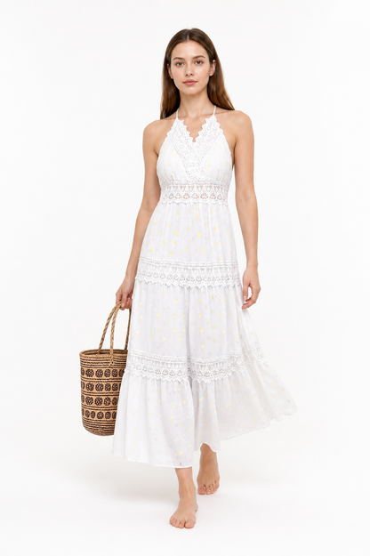 Long White Sleeveless Dress with Lace Trim Costume Dresses detail 2
