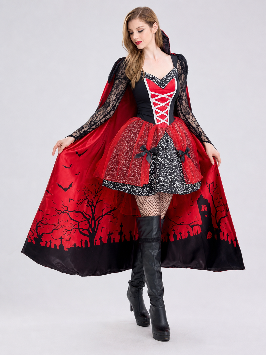 The dress is designed in a gothic style and combines a red-and-black color