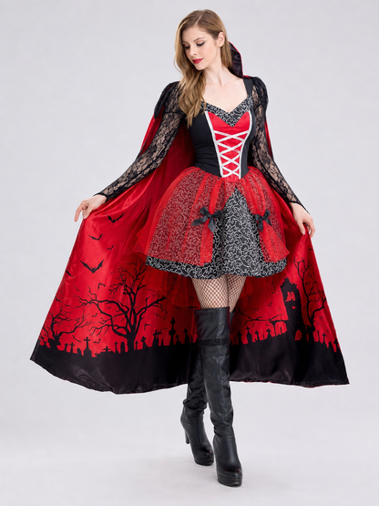 The dress is designed in a gothic style and combines a red-and-black color