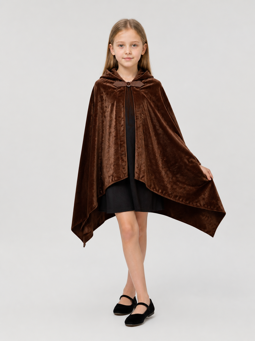 Brown Hooded Cloak Cape with an Asymmetrical Hem Costume Capes detail 2