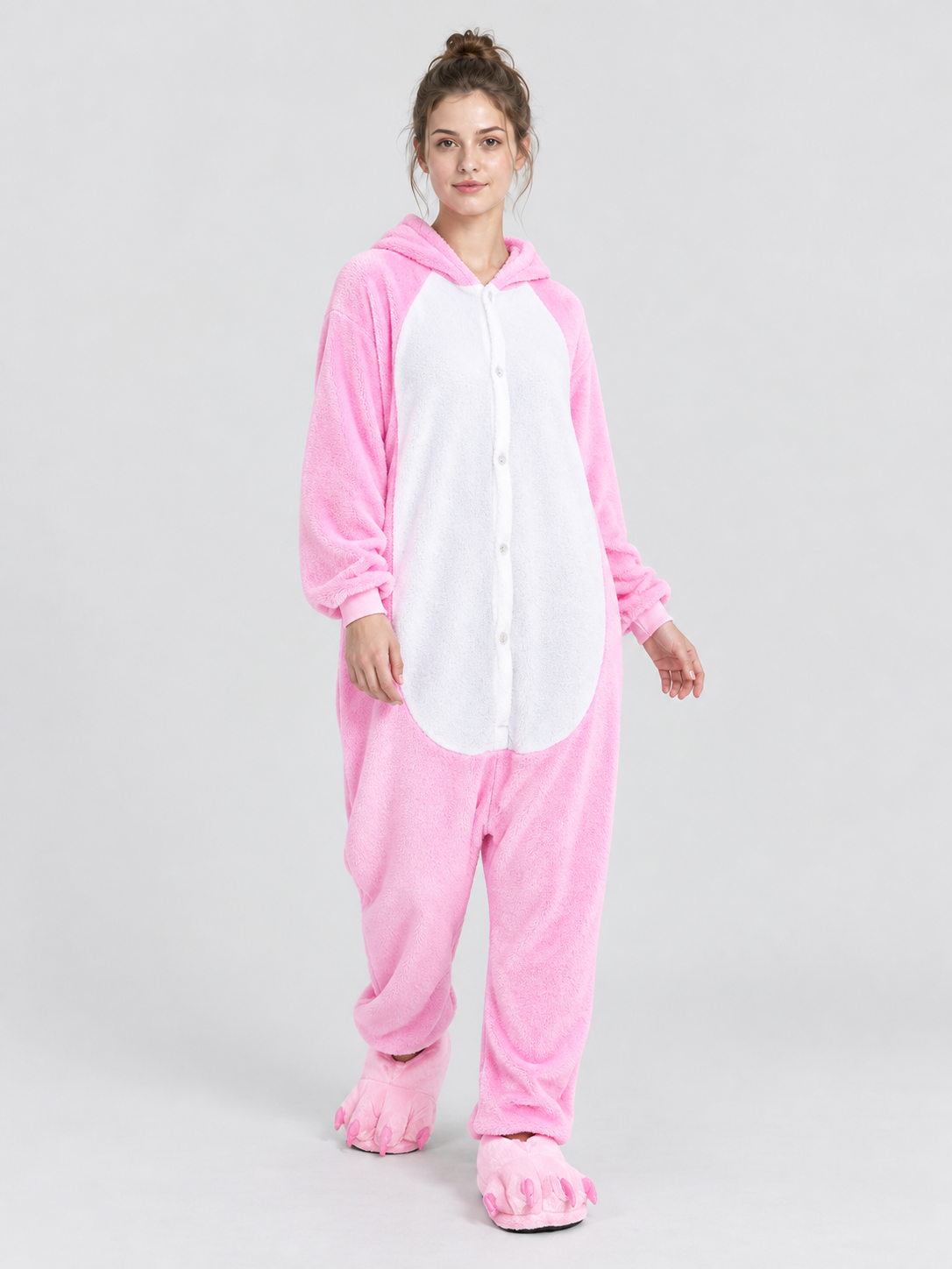 Pink pajama jumpsuit with hood and white insert