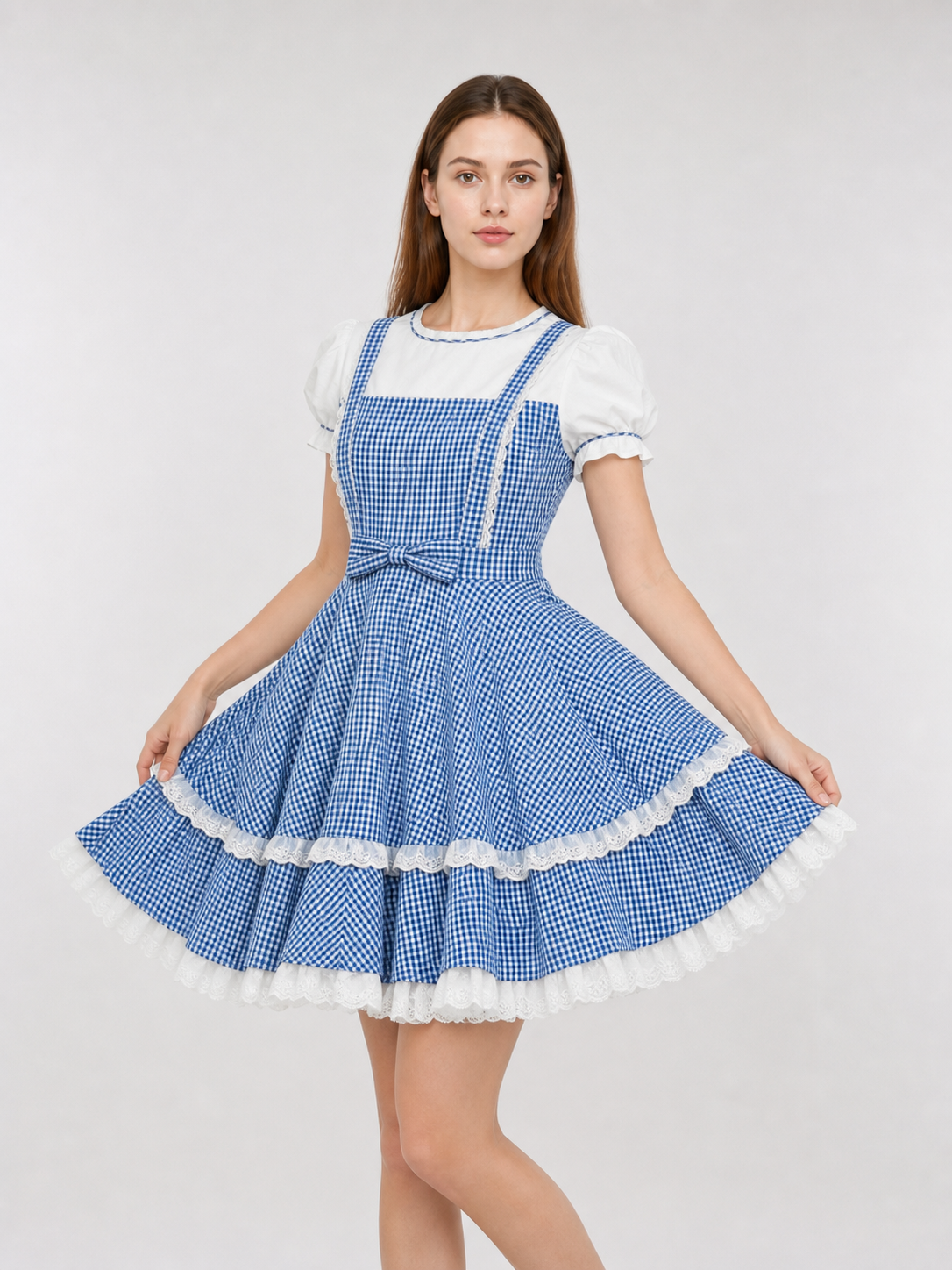 Retro-Style Plaid Dress with Socks and Bows