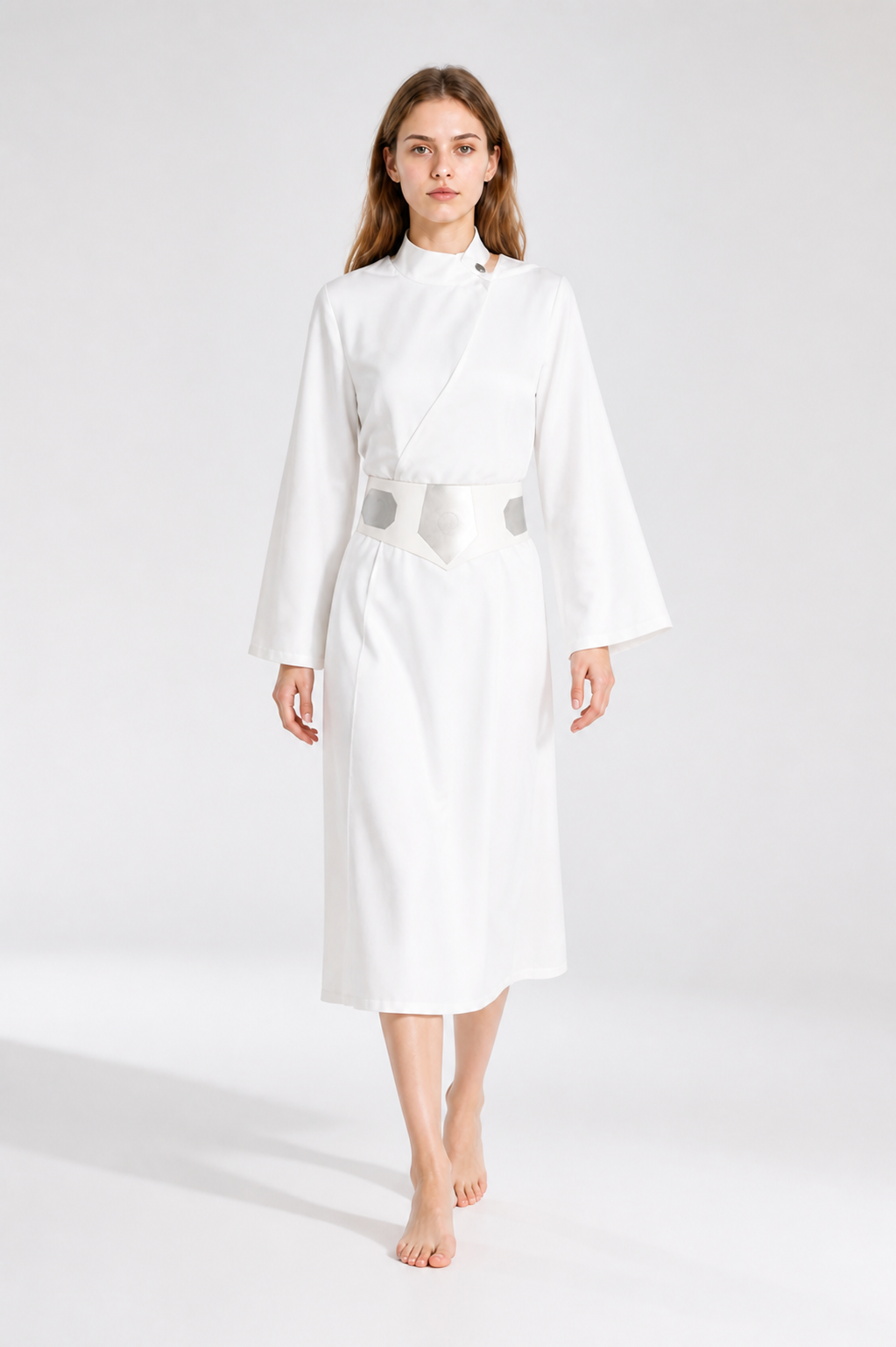 Long White Cosplay Dress with Belt Costume Dresses detail
