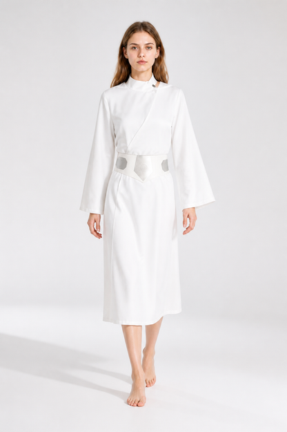 Long White Cosplay Dress with Belt Costume Dresses detail