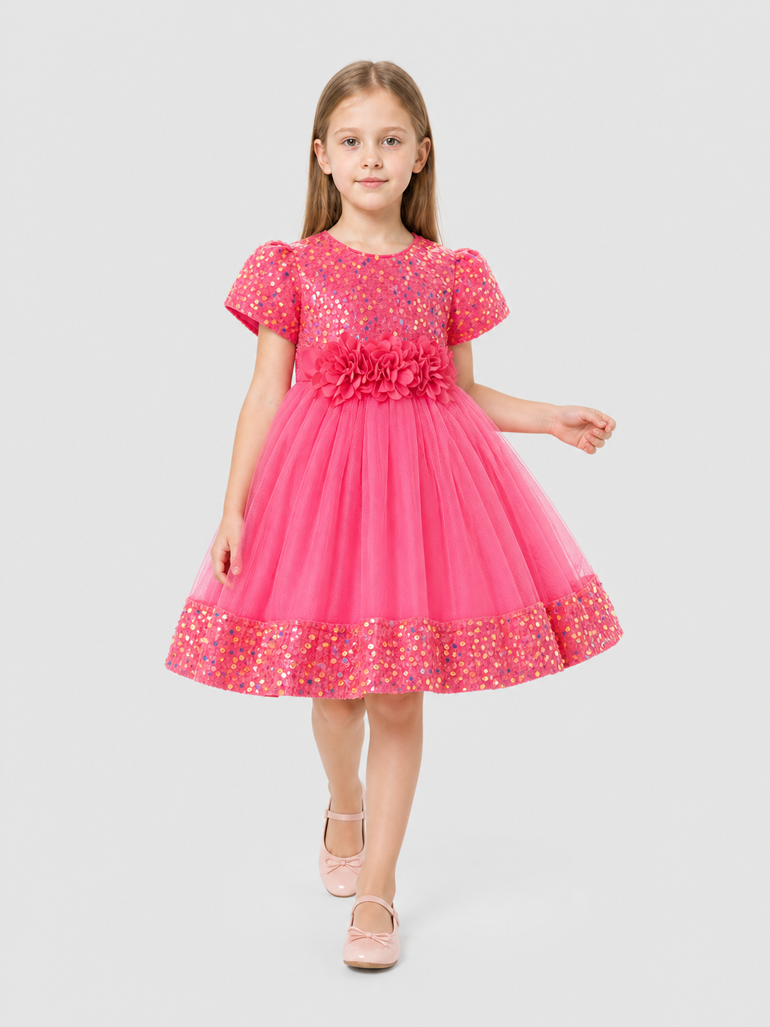 Girls' Dressy Sequin Dress with 3D Flowers Costume Dresses detail 2
