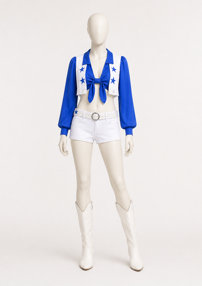 Blue and White Stage Costume with Top and Shorts Costumes detail