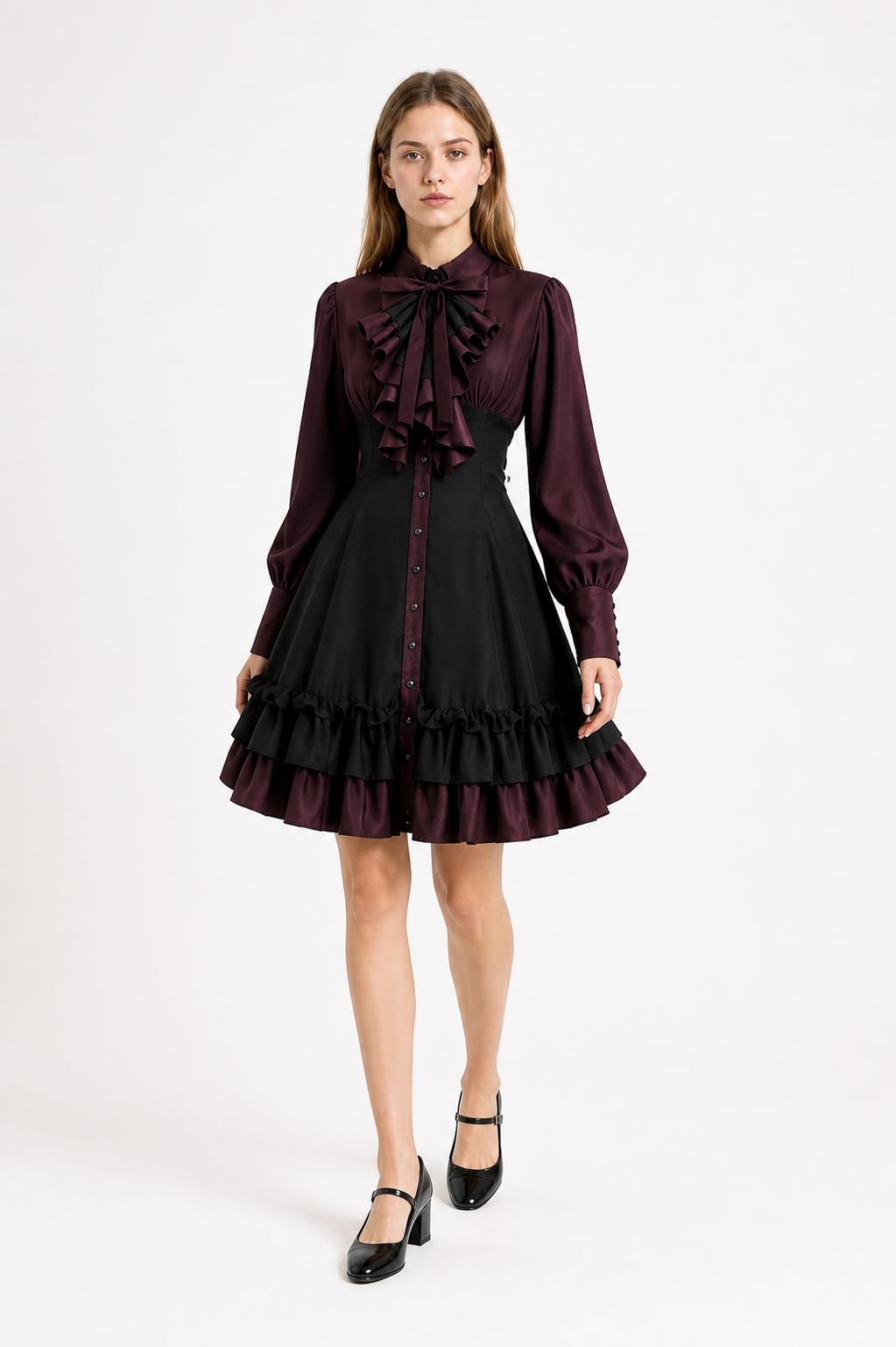 Black and Burgundy Dress with Ruffles and a High Collar Costume Dresses detail