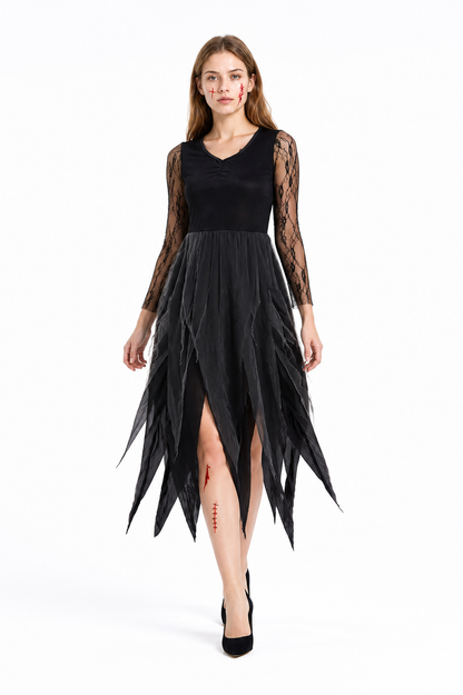 Long Black Gothic Dress with Ripped Hem Costume Dresses detail 2
