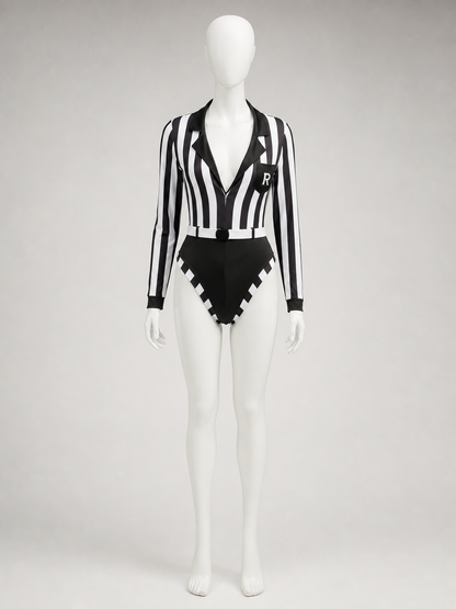 Striped Referee Jumpsuit with Deep V-Neck