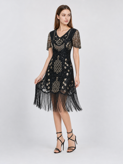 1920s Retro-Style Dress with Fringe and Sequins