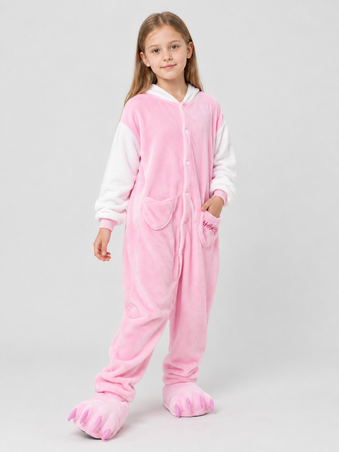 Pink and white jumpsuit pajama with cartoon paw design