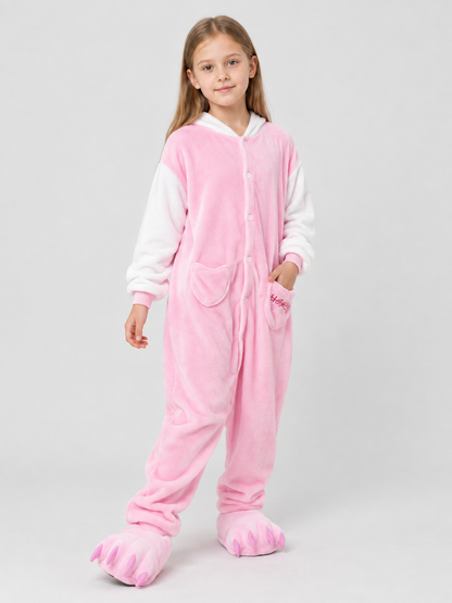 Pink and white jumpsuit pajama with cartoon paw design