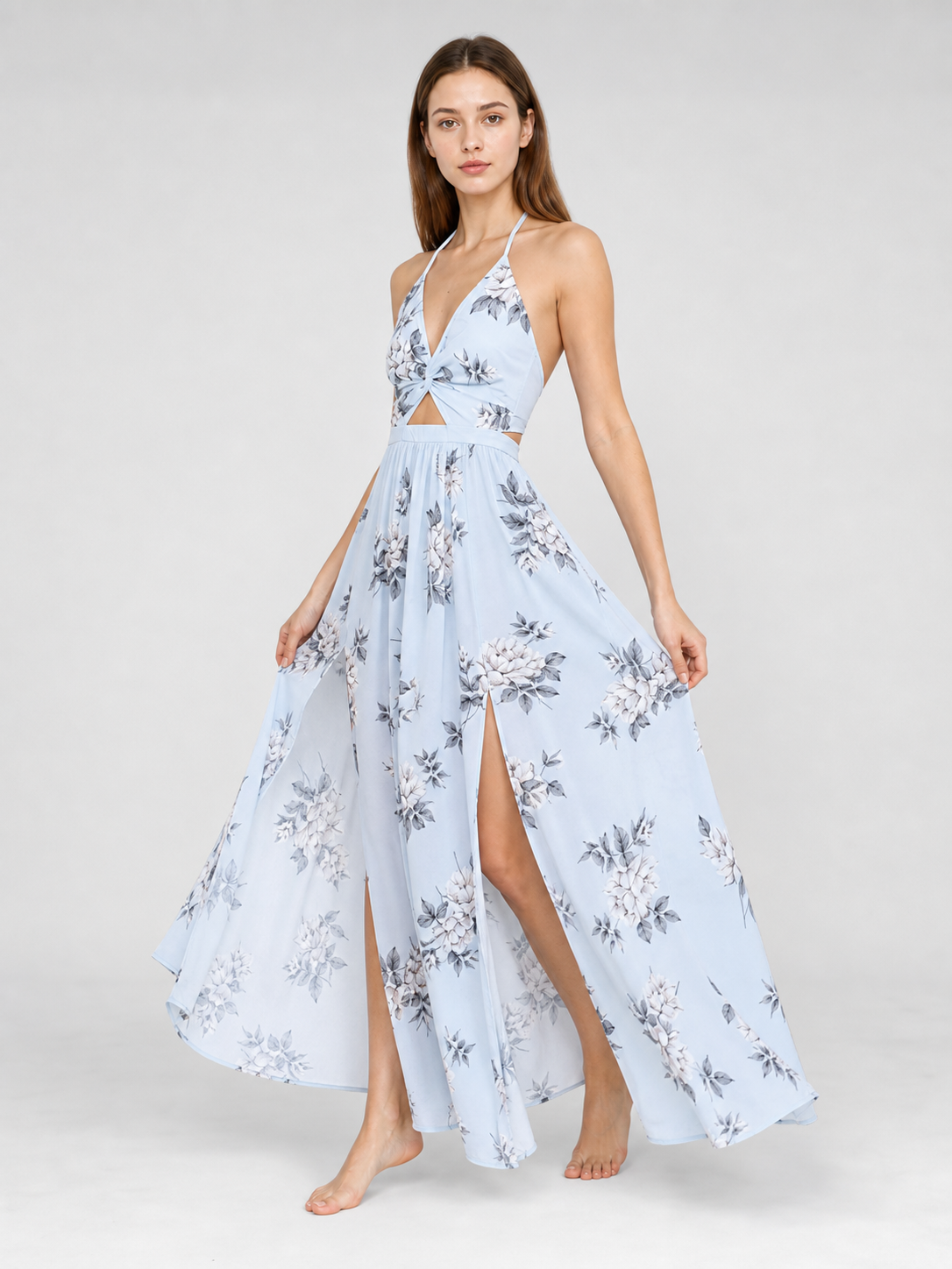 Maxi Dress with Floral Print and V-Neckline