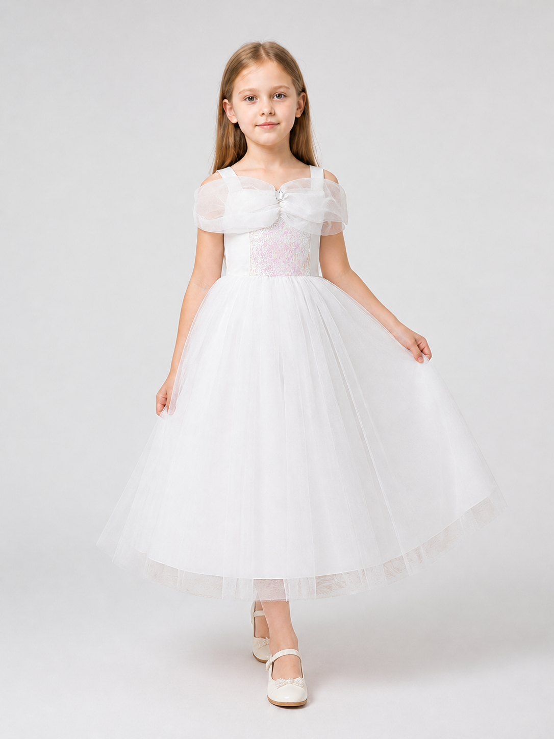 Children’s White Princess Dress with Spaghetti Straps and Sequins product detail 2