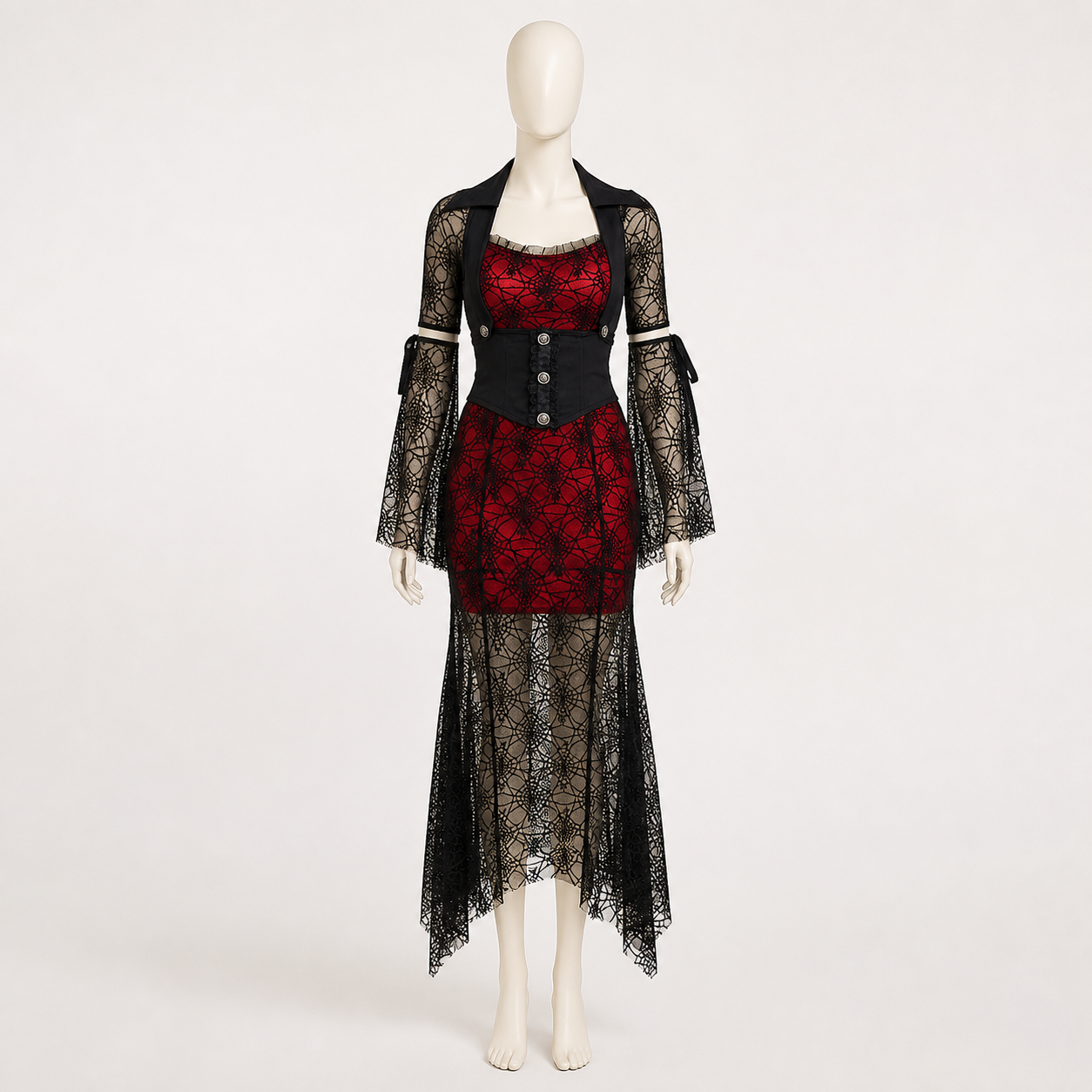 Red and Black Dress with Batwing Sleeves and Spiderweb Pattern Costume Dresses detail 2