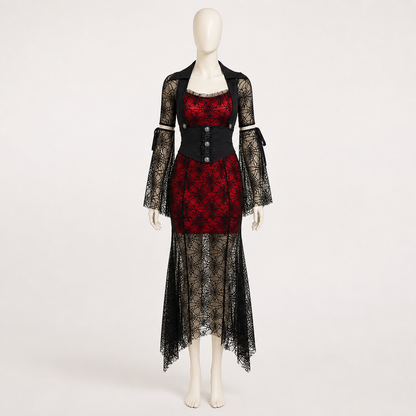 Red and Black Dress with Batwing Sleeves and Spiderweb Pattern Costume Dresses detail 2