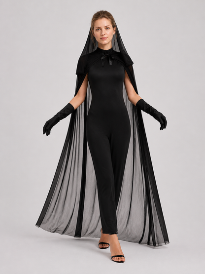 Black Vampire Costume with Long Cape and Gloves Costume Capes detail 2