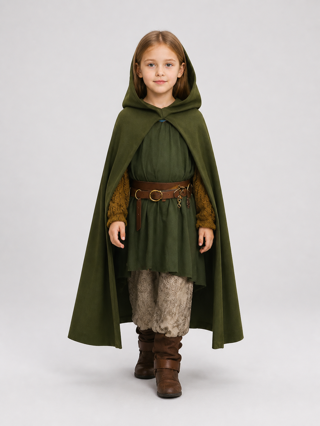 Long hooded cloak cape, dark green, children's Costume Capes detail 2