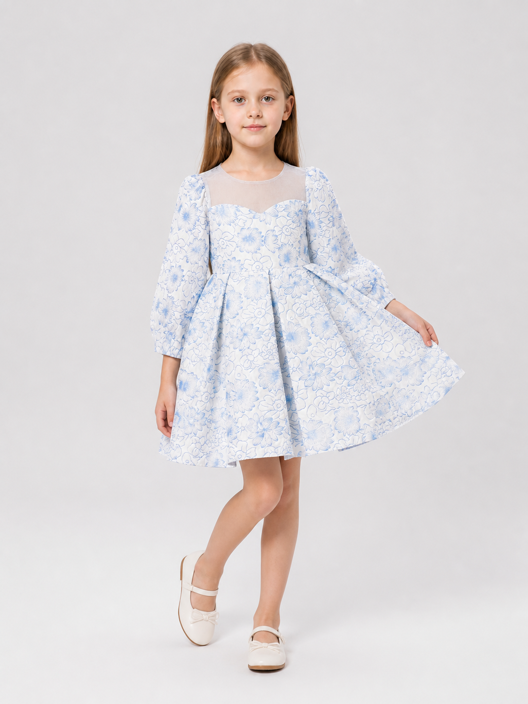 Light Blue Princess Dress for Girls with Long Sleeves