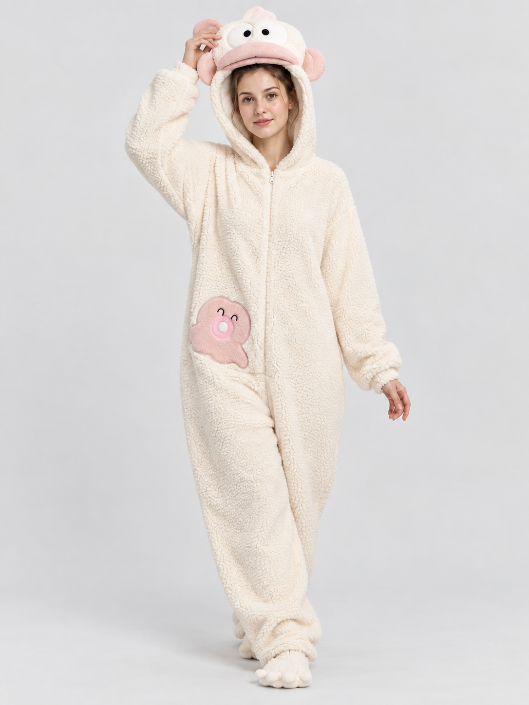 Coral fleece hooded pajama jumpsuit with ears