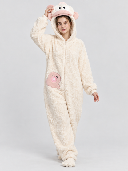 Coral fleece hooded pajama jumpsuit with ears