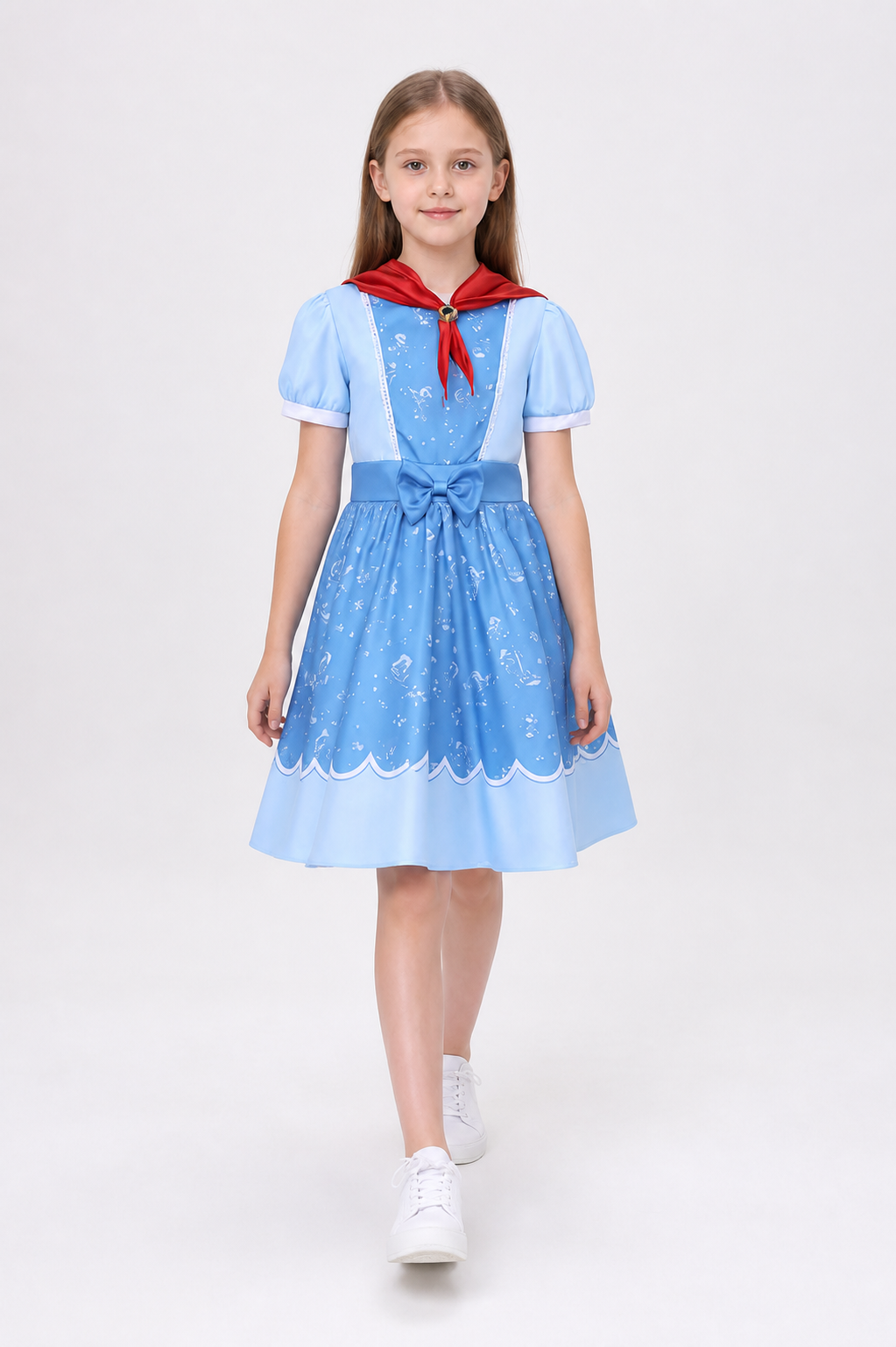 Blue Short-Sleeve Dress with Red Scarf and Bow Costume Dresses detail 2