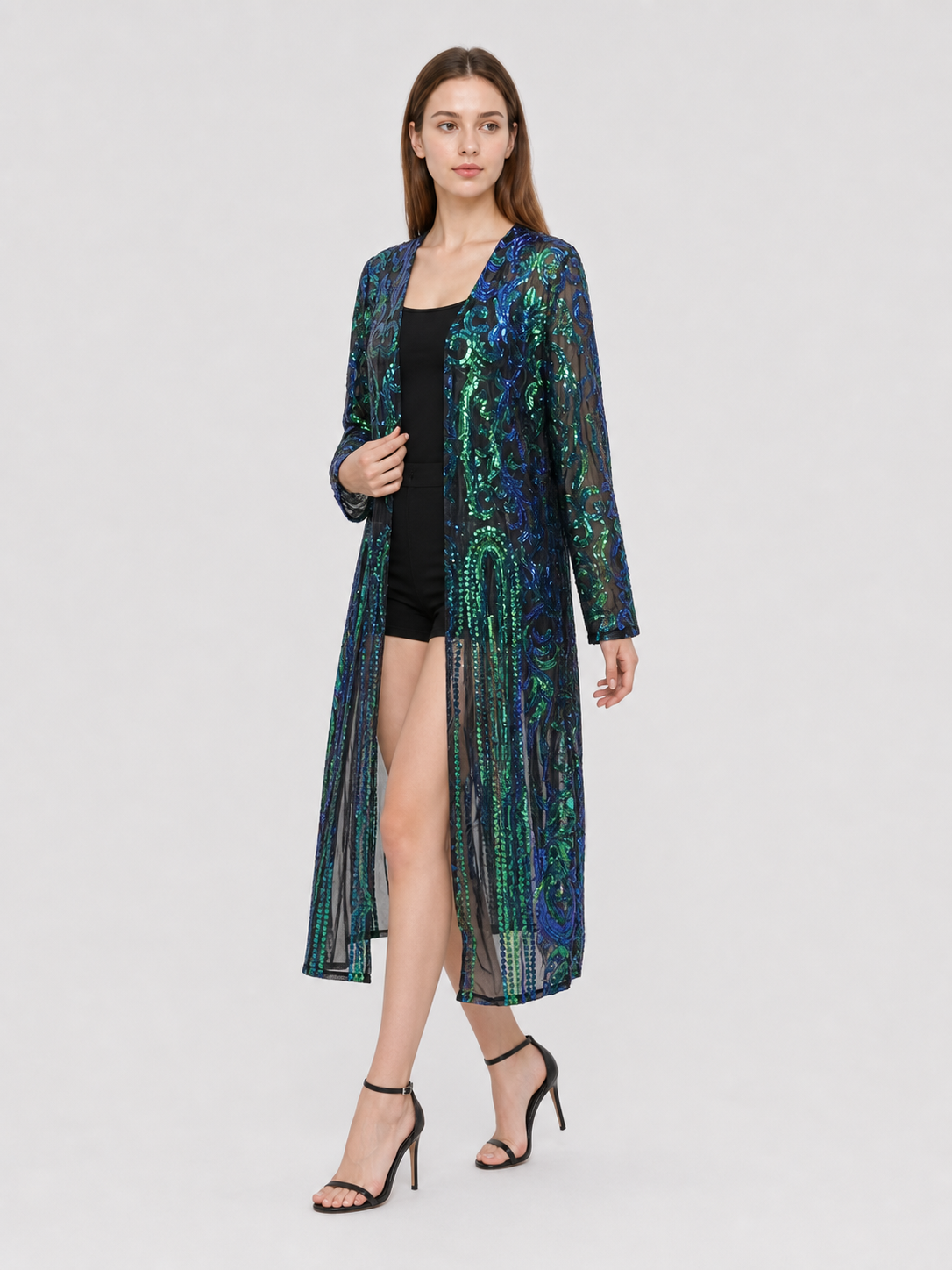 Long Sequin and Embroidered Open-Front Cardigan