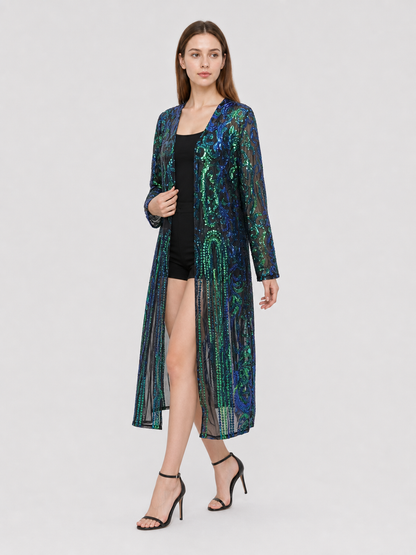 Long Sequin and Embroidered Open-Front Cardigan