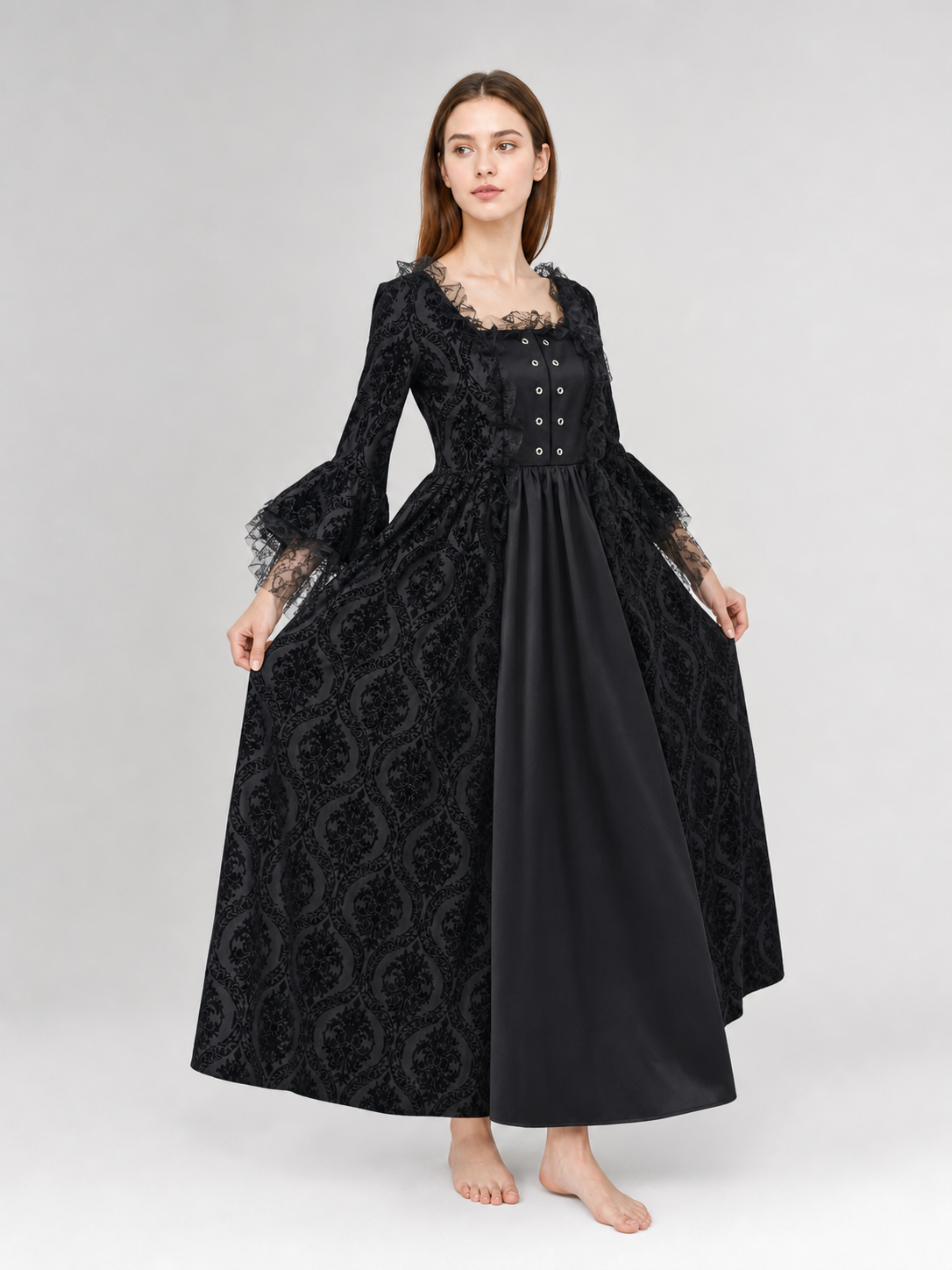 Gothic Vintage Maxi Dress with Lace Trim