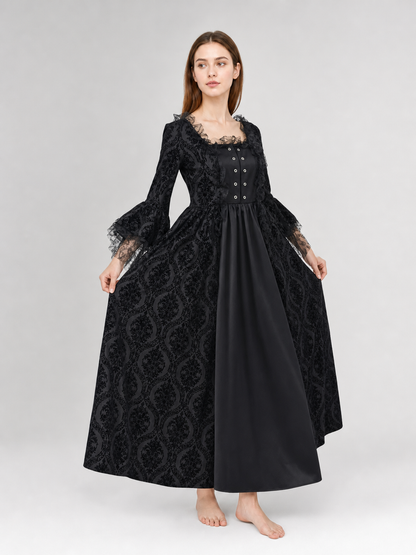 Gothic Vintage Maxi Dress with Lace Trim