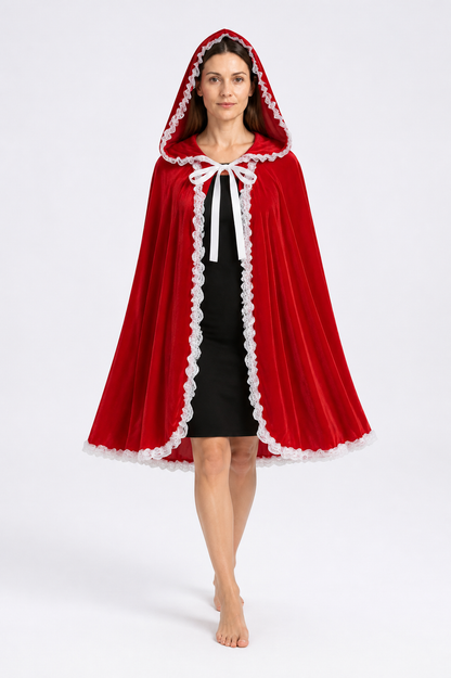 Red Hooded Cape with White Lace for Halloween Costume Capes detail