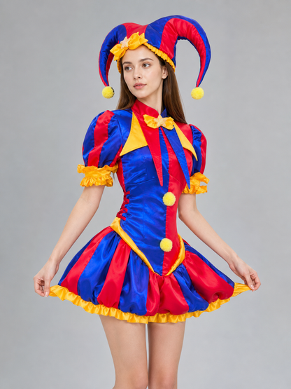 Bright circus jester-style costume with a dress and headpiece, designed for