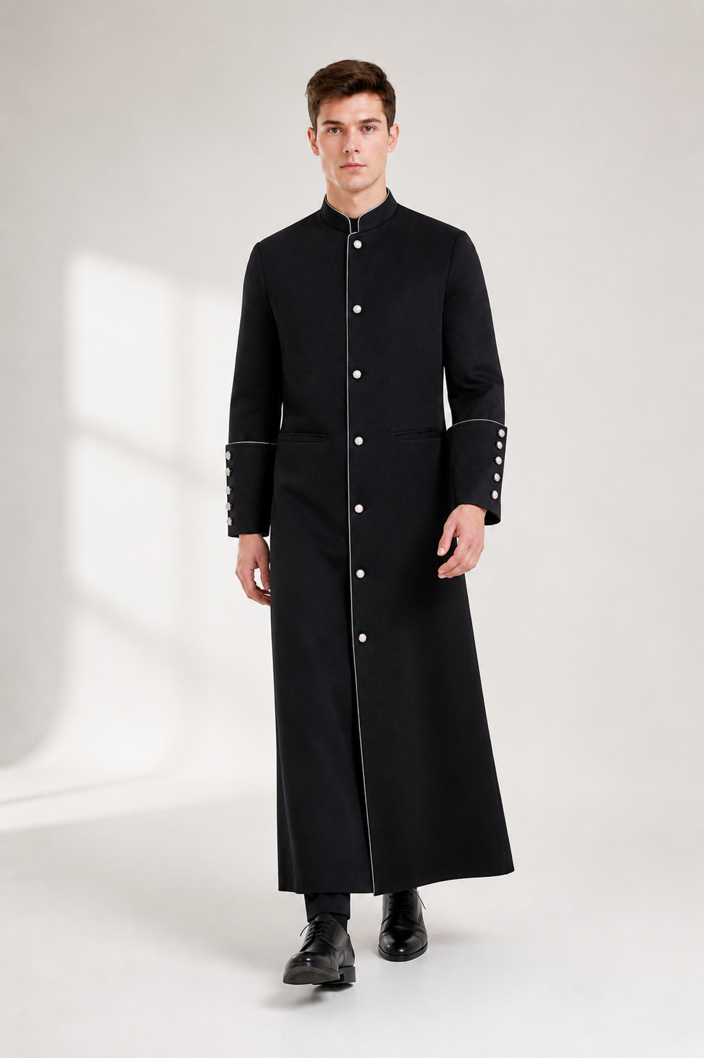 Long Coat with Stand Collar and Buttons